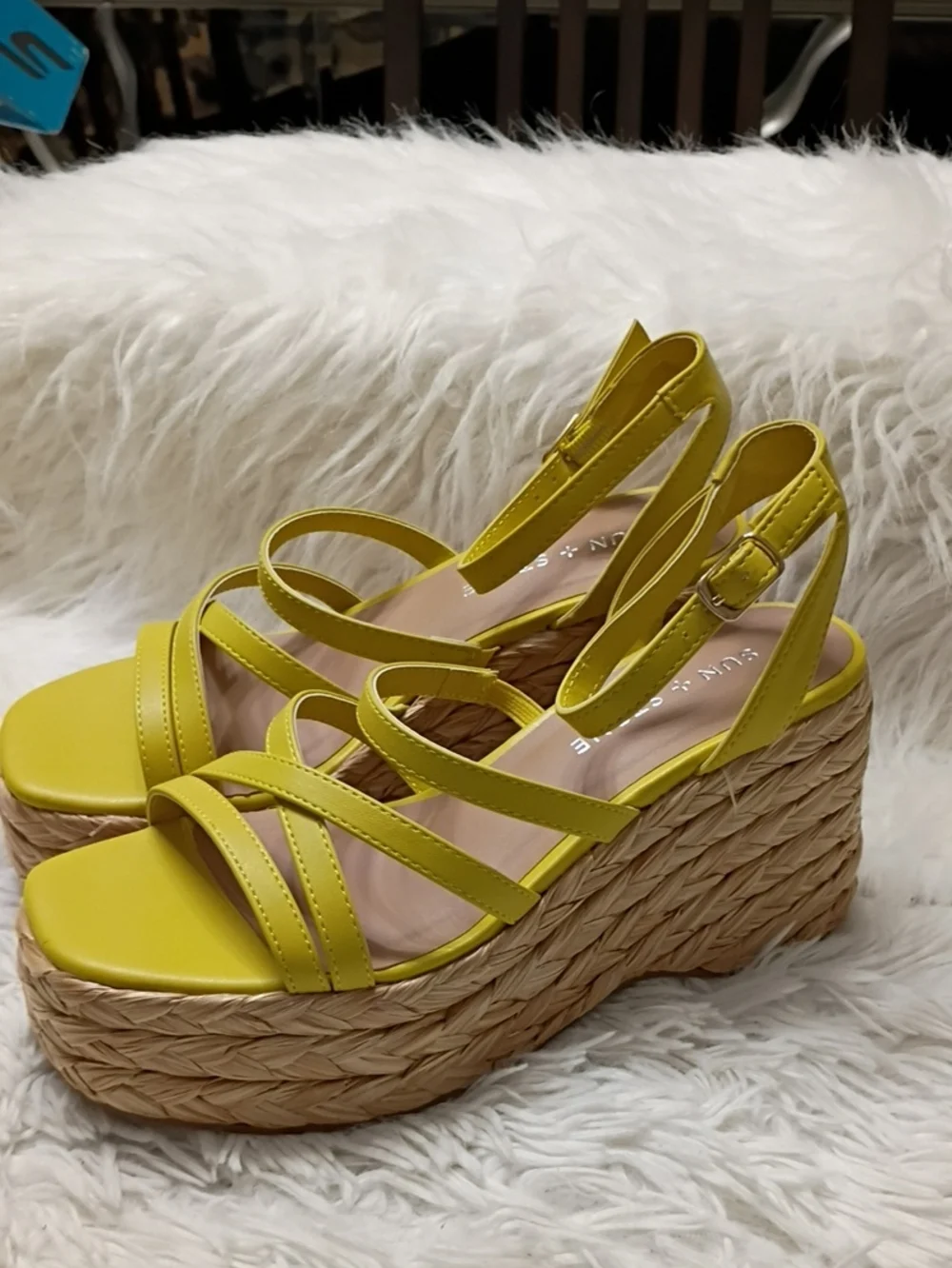 New Sun + Stone Citron Yellow Strappy Rafia Espadrille Platform Sandals 5.5M